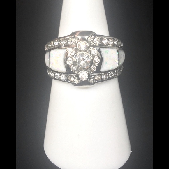 SS Vintage Style Fire White Opal Diamond Ring - Picture 4 of 4